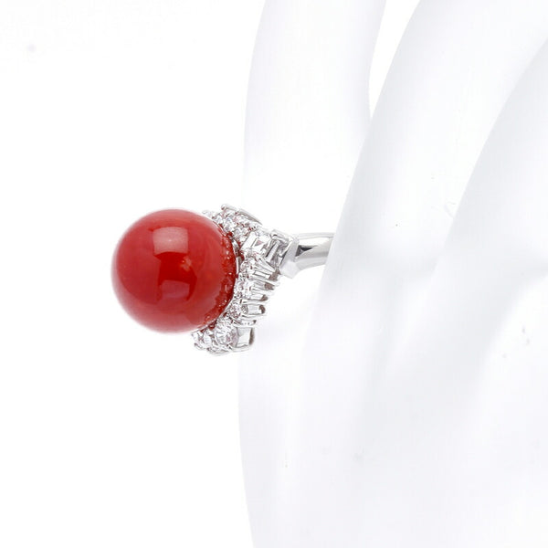 Pt900 プラチナ 赤サンゴ12mm ダイヤ0.9ct リング 指輪 レディース 11.5号 中古