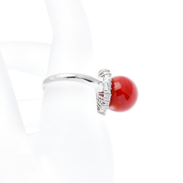 Pt900 プラチナ 赤サンゴ12mm ダイヤ0.9ct リング 指輪 レディース 11.5号 中古