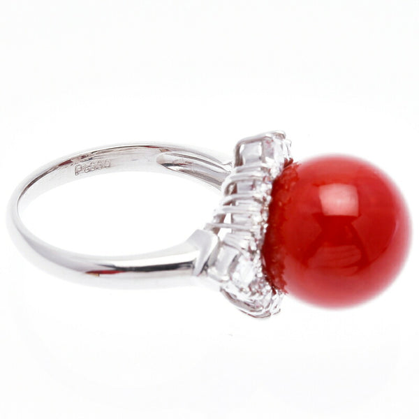 Pt900 プラチナ 赤サンゴ12mm ダイヤ0.9ct リング 指輪 レディース 11.5号 中古