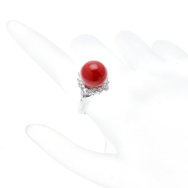 Pt900 プラチナ 赤サンゴ12mm ダイヤ0.9ct リング 指輪 レディース 11.5号 中古