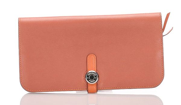 エルメス ドゴン レクトヴェルソ オレンジ レザー 長財布 レディース HERMES □P刻印刻印 中古