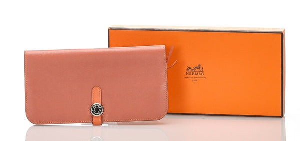 エルメス ドゴン レクトヴェルソ オレンジ レザー 長財布 レディース HERMES □P刻印刻印 中古