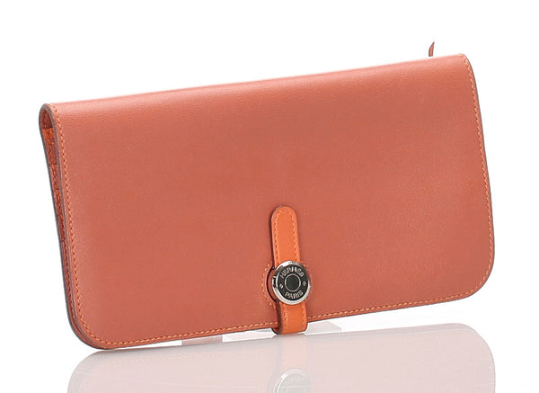 エルメス ドゴン レクトヴェルソ オレンジ レザー 長財布 レディース HERMES □P刻印刻印 中古