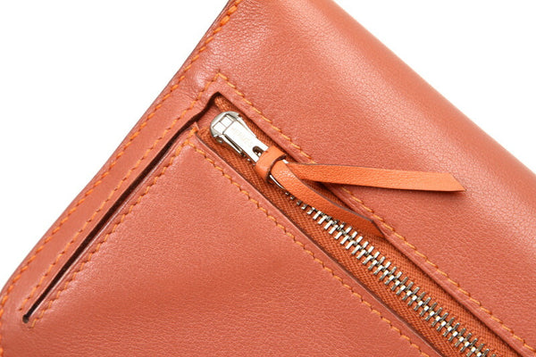 エルメス ドゴン レクトヴェルソ オレンジ レザー 長財布 レディース HERMES □P刻印刻印 中古
