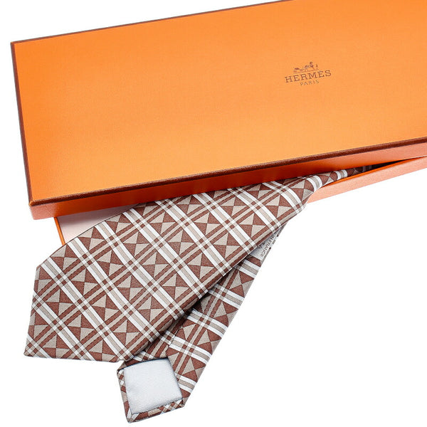 エルメス 幾何学模様 ブラウン シルク ネクタイ メンズ HERMES 中古