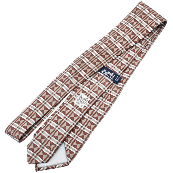 エルメス 幾何学模様 ブラウン シルク ネクタイ メンズ HERMES 中古