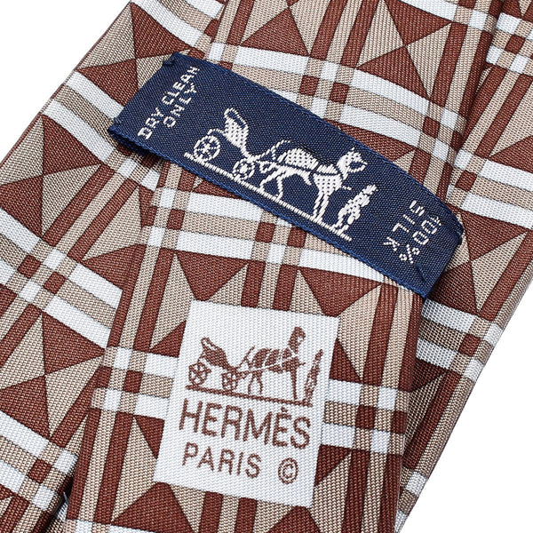 エルメス 幾何学模様 ブラウン シルク ネクタイ メンズ HERMES 中古
