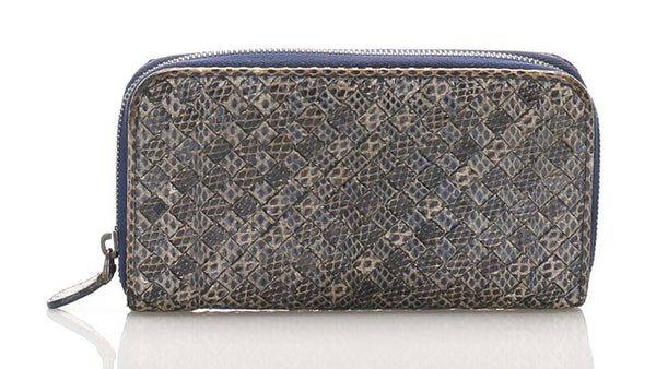 ボッテガヴェネタ イントレチャート ラウンドファスナー グレー レザー 長財布 レディース BOTTEGAVENETA 中古