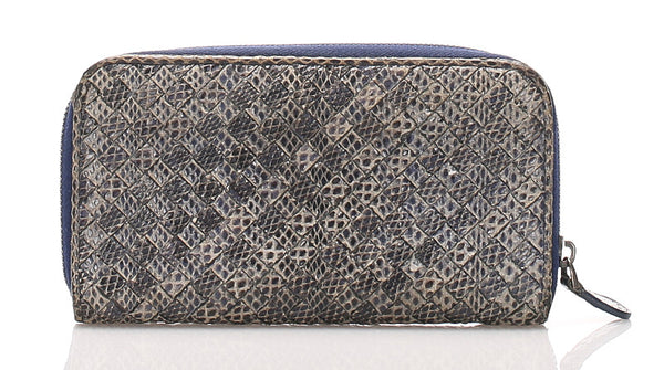 ボッテガヴェネタ イントレチャート ラウンドファスナー グレー レザー 長財布 レディース BOTTEGAVENETA 中古