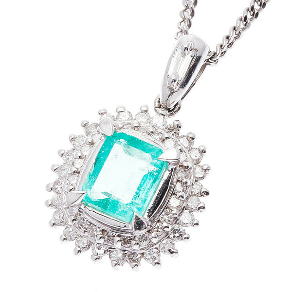 Pt850 プラチナ エメラルド0.64ct ダイヤ0.29ct ネックレス レディース 中古