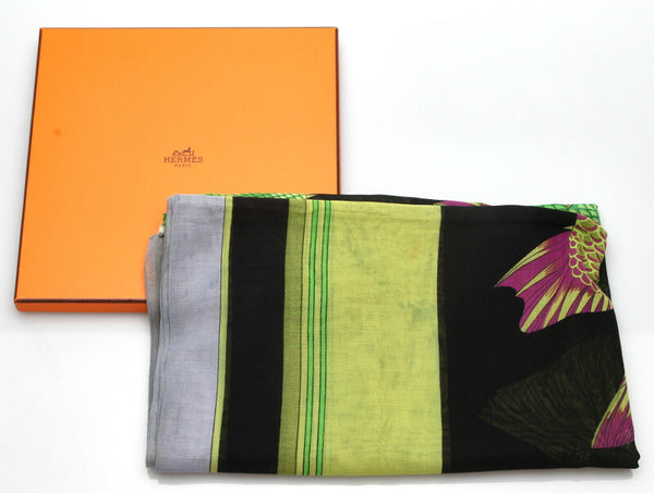 エルメス 魚柄 ブラック グリーン コットン ストール レディース HERMES 中古