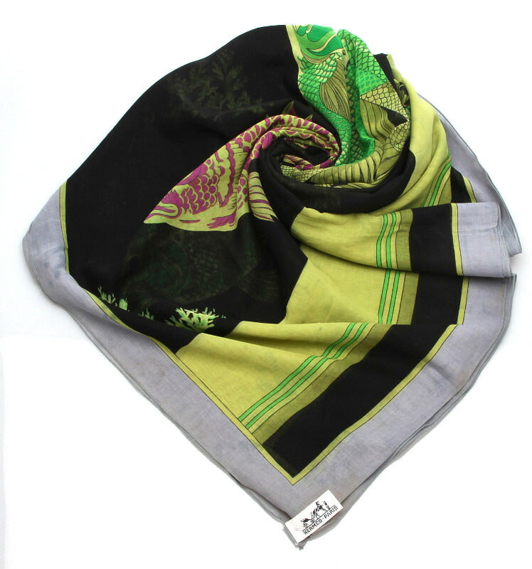 エルメス 魚柄 ブラック グリーン コットン ストール レディース HERMES 中古