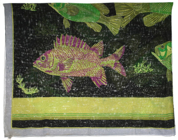 エルメス 魚柄 ブラック グリーン コットン ストール レディース HERMES 中古