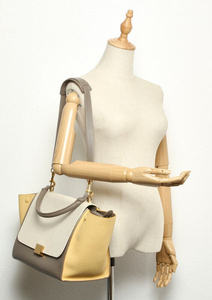 セリーヌ トラペーズ ホワイト イエロー レザー ショルダーバッグ レディース CELINE 中古