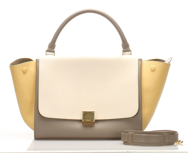 セリーヌ トラペーズ ホワイト イエロー レザー ショルダーバッグ レディース CELINE 中古