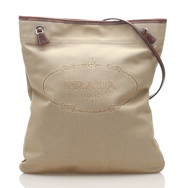 プラダ ロゴジャガード ベージュ キャンバス レザー ショルダーバッグ トートバッグ レディース PRADA 中古
