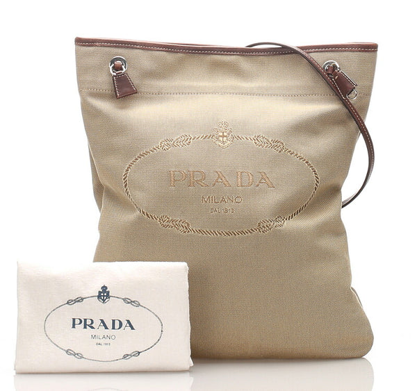 プラダ ロゴジャガード ベージュ キャンバス レザー ショルダーバッグ トートバッグ レディース PRADA 中古