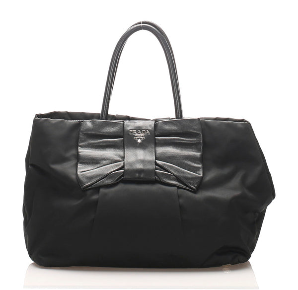 プラダ リボン ブラック  ナイロン レザー ハンドバッグ レディース PRADA 中古