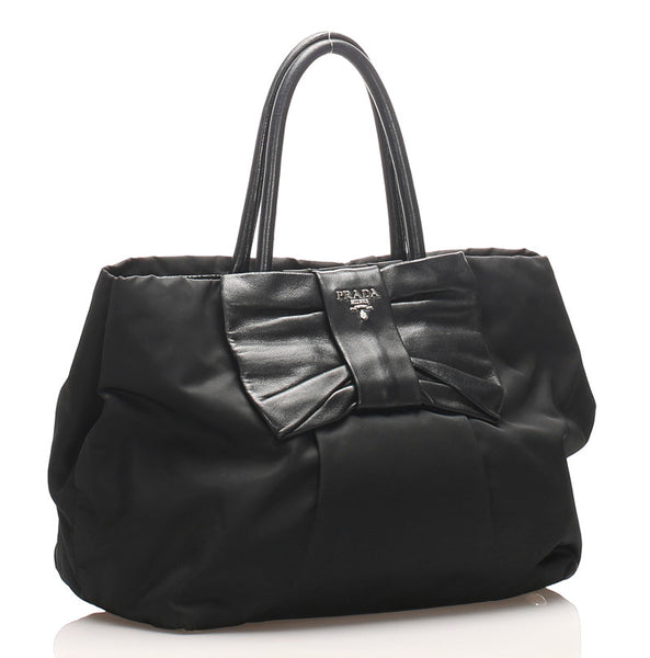 プラダ リボン ブラック  ナイロン レザー ハンドバッグ レディース PRADA 中古