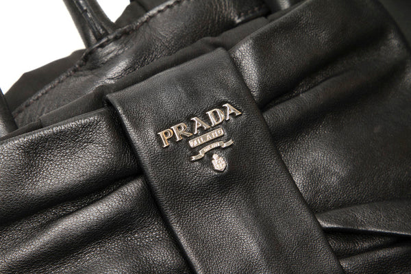 プラダ リボン ブラック  ナイロン レザー ハンドバッグ レディース PRADA 中古