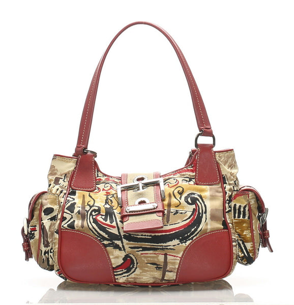 プラダ ヴェネツィア レッド ベージュ ナイロン レザー ハンドバッグ レディース PRADA 中古