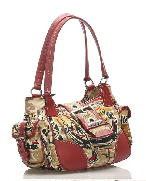 プラダ ヴェネツィア レッド ベージュ ナイロン レザー ハンドバッグ レディース PRADA 中古