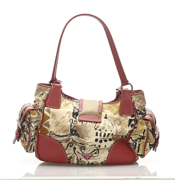 プラダ ヴェネツィア レッド ベージュ ナイロン レザー ハンドバッグ レディース PRADA 中古