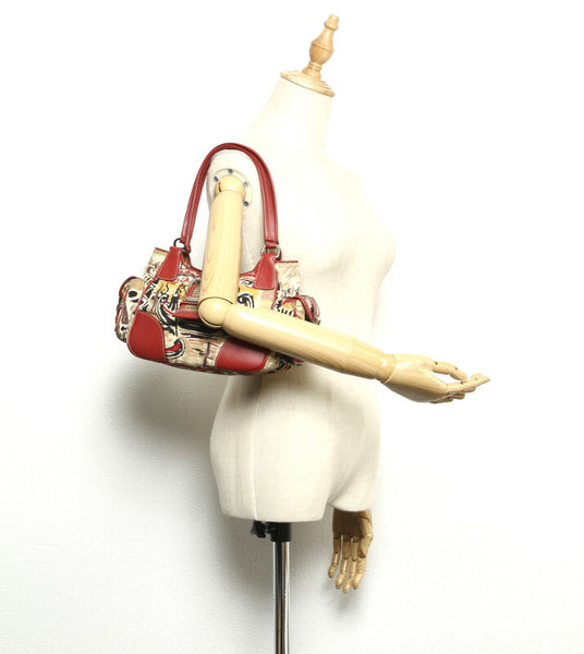 プラダ ヴェネツィア レッド ベージュ ナイロン レザー ハンドバッグ レディース PRADA 中古