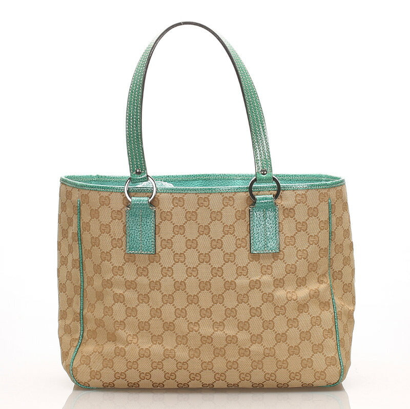 グッチ GG 113017 グリーン ベージュ キャンバス レザー トートバッグ レディース GUCCI 中古