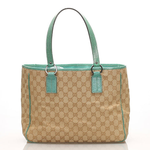 グッチ GG 113017 グリーン ベージュ キャンバス レザー トートバッグ レディース GUCCI 中古
