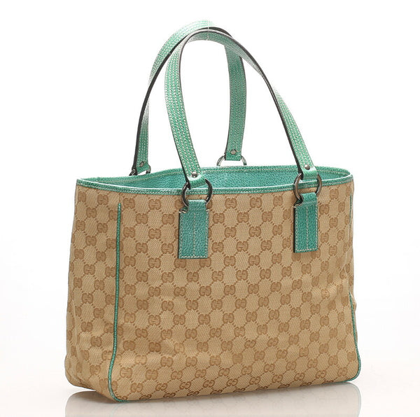 グッチ GG 113017 グリーン ベージュ キャンバス レザー トートバッグ レディース GUCCI 中古