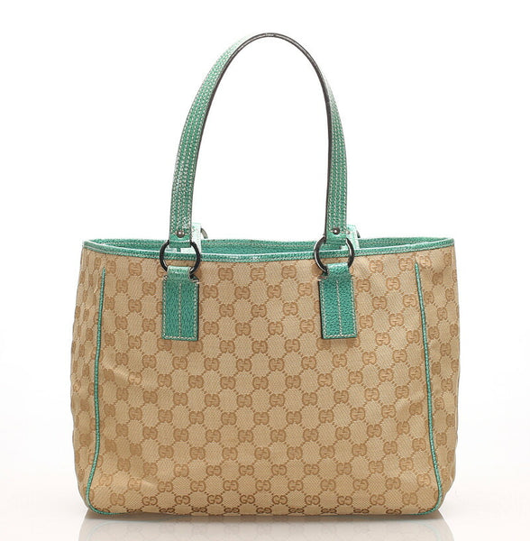 グッチ GG 113017 グリーン ベージュ キャンバス レザー トートバッグ レディース GUCCI 中古