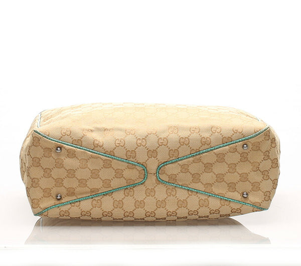 グッチ GG 113017 グリーン ベージュ キャンバス レザー トートバッグ レディース GUCCI 中古