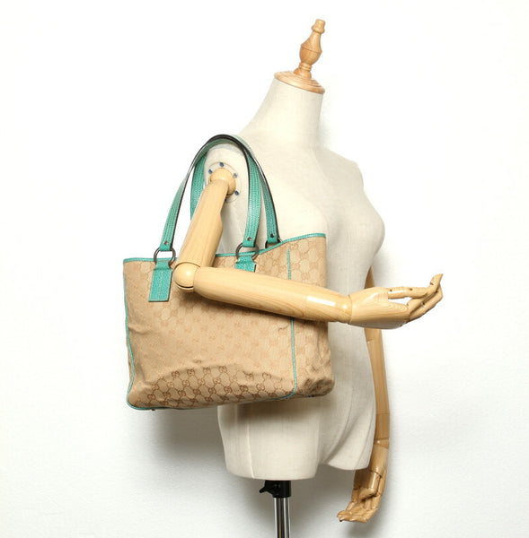 グッチ GG 113017 グリーン ベージュ キャンバス レザー トートバッグ レディース GUCCI 中古