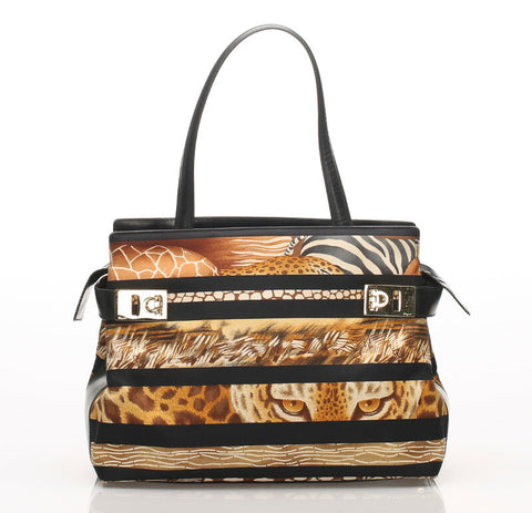 ガンチーニ アニマル DY-21 1319 ブラウン  ナイロン レザー トートバッグ レディース 中古