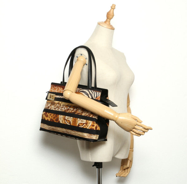 ガンチーニ アニマル DY-21 1319 ブラウン  ナイロン レザー トートバッグ レディース 中古