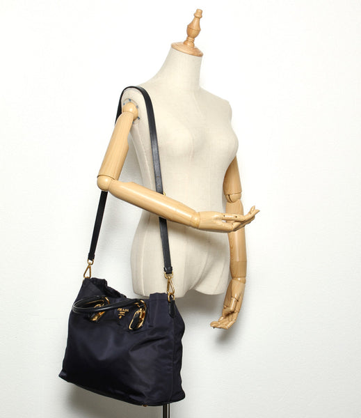 プラダ ブルー ナイロン レザー ハンドバッグ ショルダーバッグ 2WAY レディース PRADA 中古