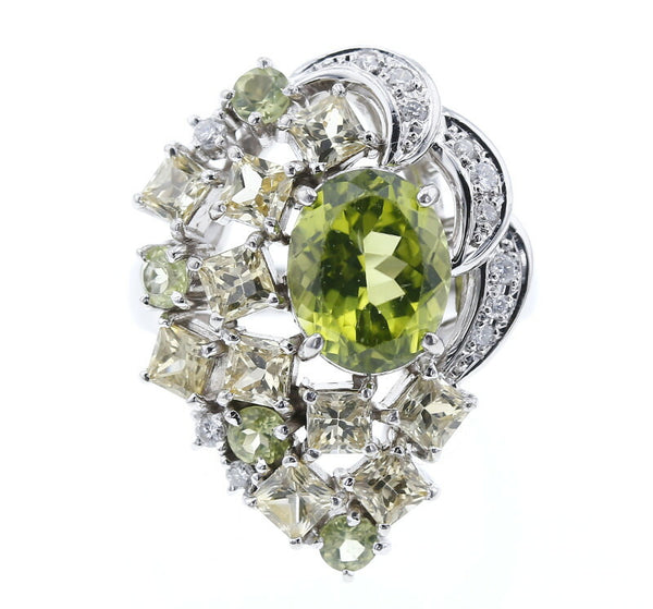 Pt900 プラチナ ペリドット2.33ct＆0.45ct イエローサファイア2.34ct ダイヤ0.15ct リング 指輪 レディース 15号 中古