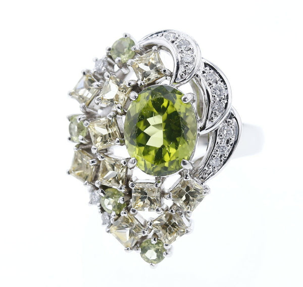Pt900 プラチナ ペリドット2.33ct＆0.45ct イエローサファイア2.34ct ダイヤ0.15ct リング 指輪 レディース 15号 中古