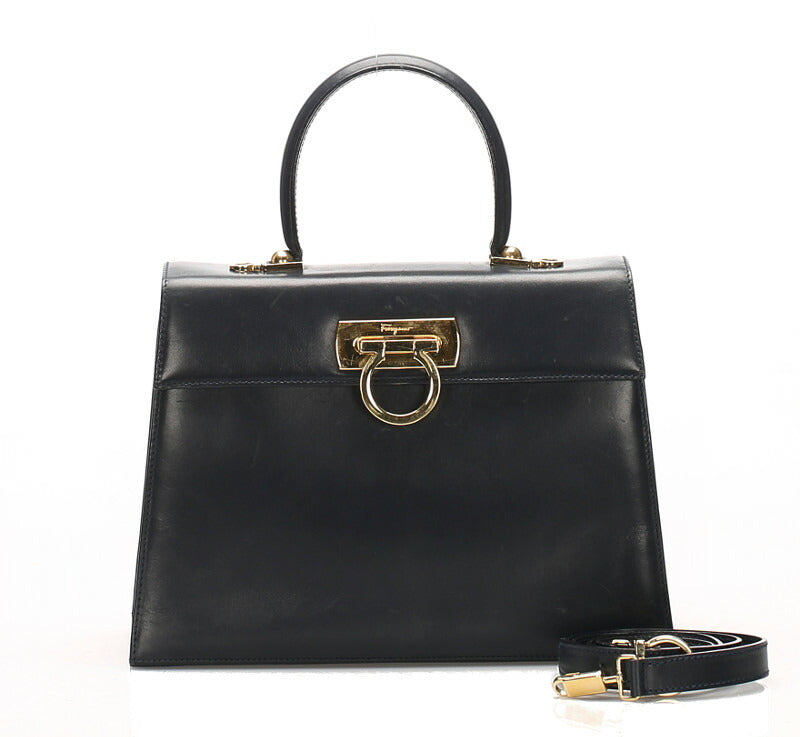 サルヴァトーレフェラガモ ガンチーニ O21 2181 ネイビー レザー ハンドバッグ ショルダーバッグ 2WAY レディース Salvatore Ferragamo 中古