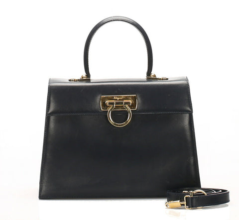 サルヴァトーレフェラガモ ガンチーニ O21 2181 ネイビー レザー ハンドバッグ ショルダーバッグ 2WAY レディース Salvatore Ferragamo 中古