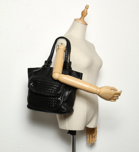 ボッテガヴェネタ イントレチャート ブラック レザー トートバッグ レディース BOTTEGAVENETA 中古