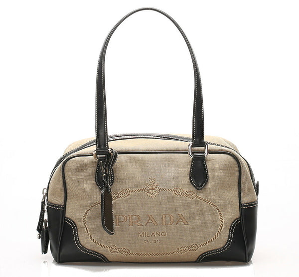 プラダ ロゴジャガード ブラウン  キャンバス レザー ハンドバッグ レディース PRADA 中古