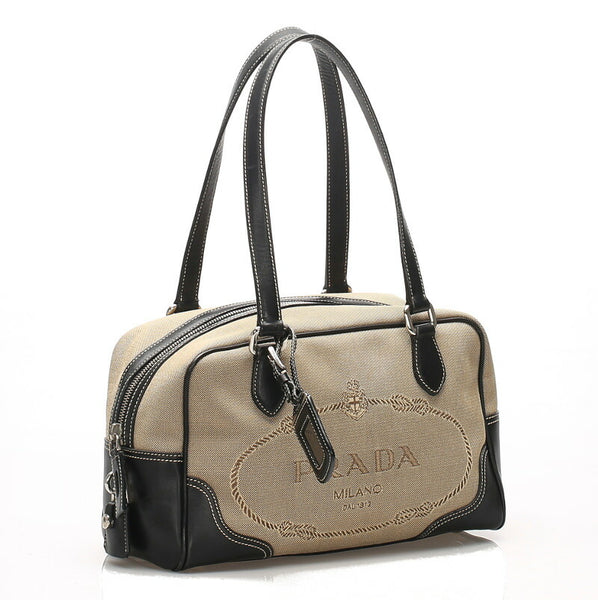 プラダ ロゴジャガード ブラウン  キャンバス レザー ハンドバッグ レディース PRADA 中古