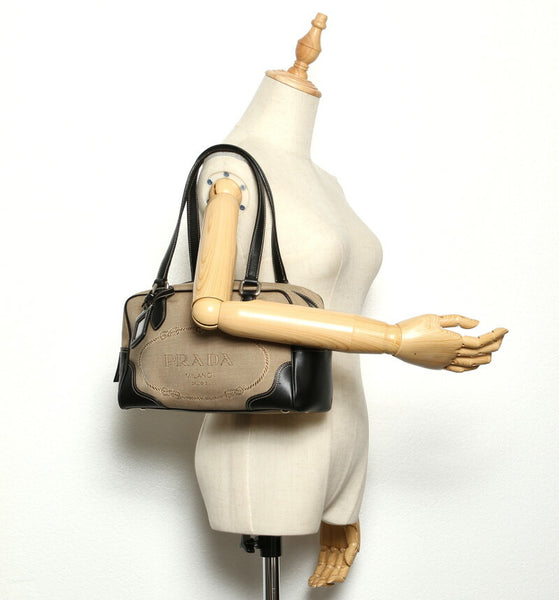 プラダ ロゴジャガード ブラウン  キャンバス レザー ハンドバッグ レディース PRADA 中古