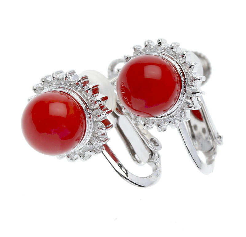 Pt900 プラチナ 赤サンゴ6.5mm ダイヤ0.13ct×2 ピアス レディース 中古