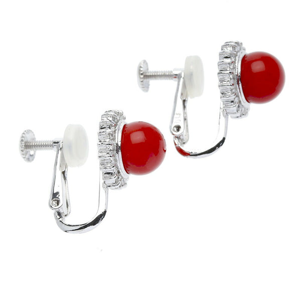 Pt900 プラチナ 赤サンゴ6.5mm ダイヤ0.13ct×2 ピアス レディース 中古