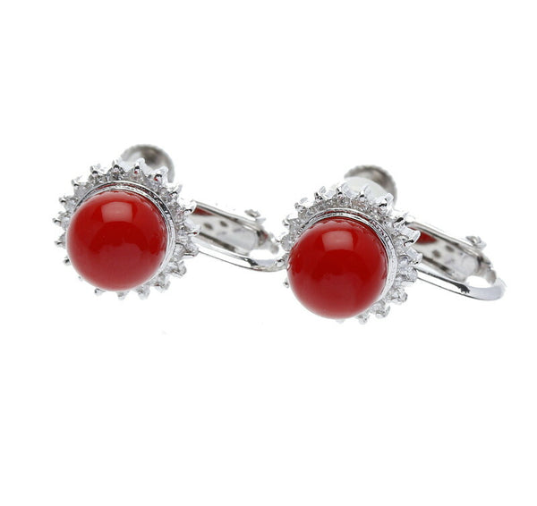 Pt900 プラチナ 赤サンゴ6.5mm ダイヤ0.13ct×2 ピアス レディース 中古