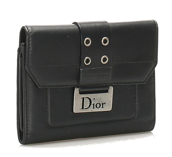 クリスチャンディオール ブラック レザー 二つ折り財布 レディース Christian Dior 中古