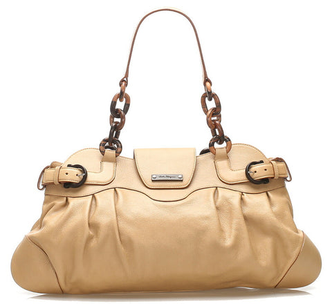 サルヴァトーレフェラガモ ウッド AU-21/6371 ベージュ レザー ハンドバッグ レディース Salvatore Ferragamo 中古